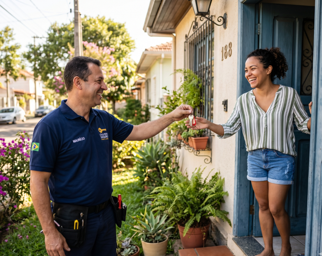 Chaveiro entregando a chave a um cliente em Porto Velho